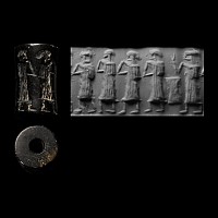 Akkadian Black Stone Cylinder Seal with Worship Scene