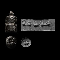 Urartu Black Stone Stamp-Cylinder Seal with Recumbent Horned Quadruped