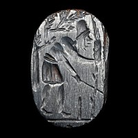 Roman Gnostic Bifacial Hematite Gemstone with Magical Scene and Inscription