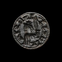 Medieval Bronze Round Seal Matrix with Knight Holding a Sword