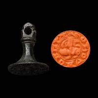 Medieval Bronze Round Seal Matrix with Hare Riding a Hound