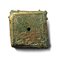 Heavy Medieval Gilt Bronze Reliquary Box Lid with Engraved Floral Cross