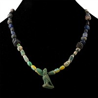 Egyptian Faience and Glass Bead Necklace String with Later Horus Amulet