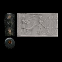 Western Asiatic Moss Agate Cylinder Seal with Farming Scene