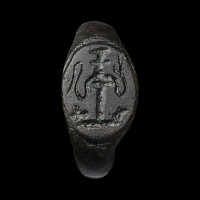 Late Roman Bronze Ring with Serpent on a Pedestal