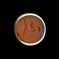 Roman Carnelian Intaglio of a Warrior and Horse in a Later Gold Ring