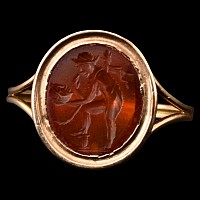 Roman Carnelian Gemstone of a Figure Contemplating a Mask in a Nineteenth-Century Gold Ring