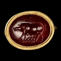 Roman Carnelian Gemstone with a Sow in Gold Ring