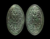 Viking Scandinavian Bronze Facing Masks and Figures Oval Brooch Pair