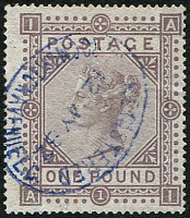 £1 BROWN SG 129 'BLUE' CANCEL, VFU