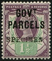 Govt parcels 1 1/2d SG O65s OVPT. 'SPECIMEN' TYPE 9