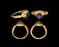 Massive Medieval Gold Inscribed Ring with Sapphire