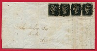 1d Black Pl.6 'HC-HF' STRIP OF 4 ON ENTIRE (4d RATE UP TO 2 OUNCES)
