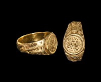 Medieval Gold Inscribed Signet Ring with Couchant Hound
