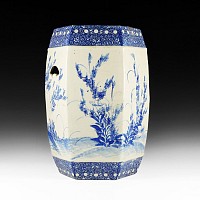 Large Japanese Blue and White Stool with Birds