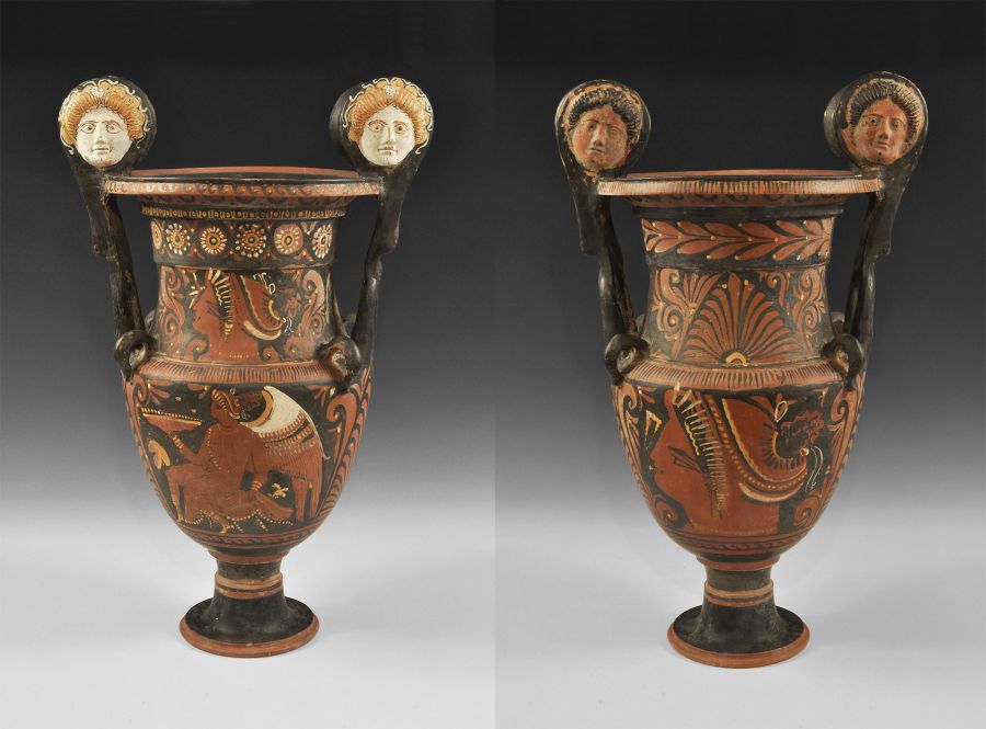 Greek Red-Figure Volute Krater with Medusa Heads and Ladies of Fashion