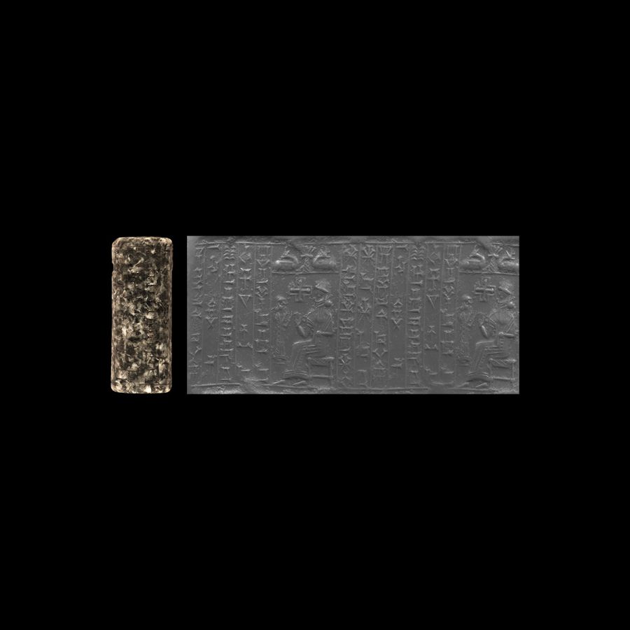 Western Asiatic Kassite Cylinder Seal with a Worshipping King in Front of an Enthroned God