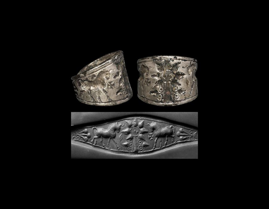 Early Assyrian Ring with Two Heraldic Bulls Next to the Tree of Life