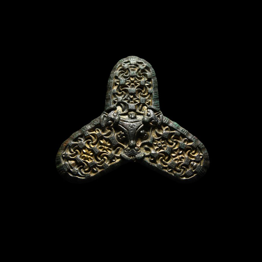 Scandinavian Viking Gilt Borre Style Trefoil Brooch with Animal Masks