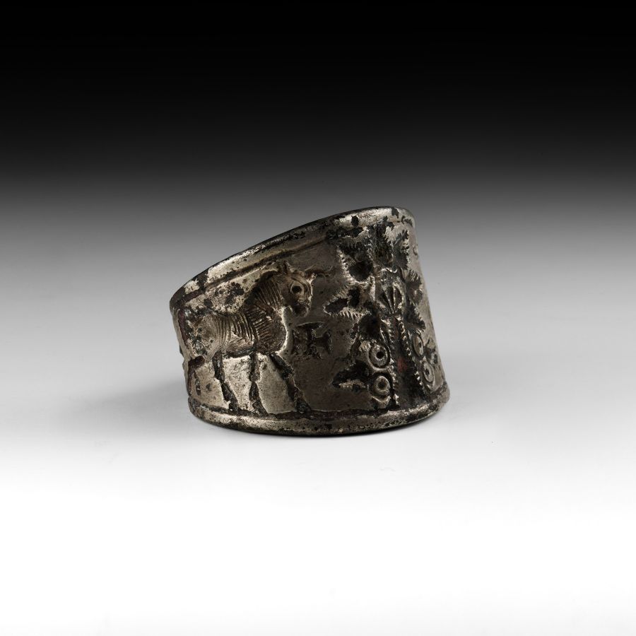 Early Assyrian Ring with Two Heraldic Bulls Next to the Tree of Life