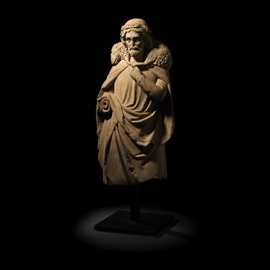 Medieval Stone Sculpture of Christ as the Good Shepherd
