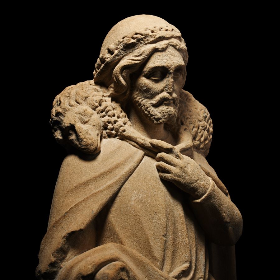 Medieval Stone Sculpture of Christ as the Good Shepherd