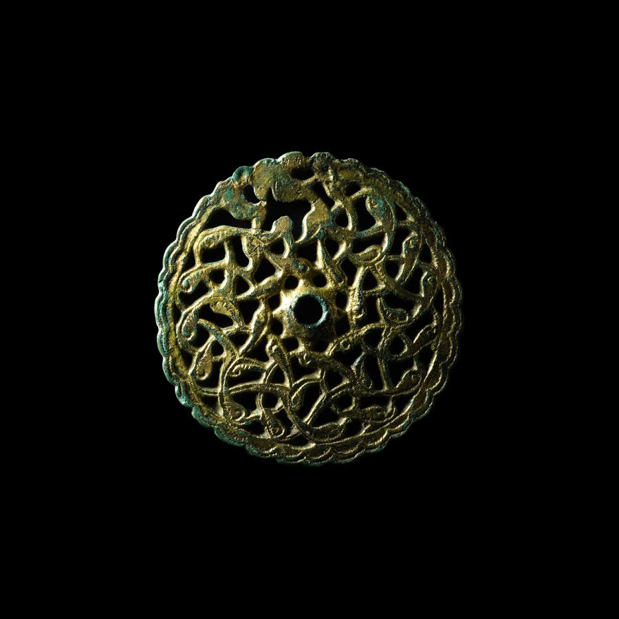 Viking Age Gilt Bronze Openwork Roundel with Interlaced Snakes