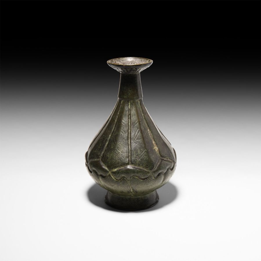 Engraved Bronze Piriform Flask