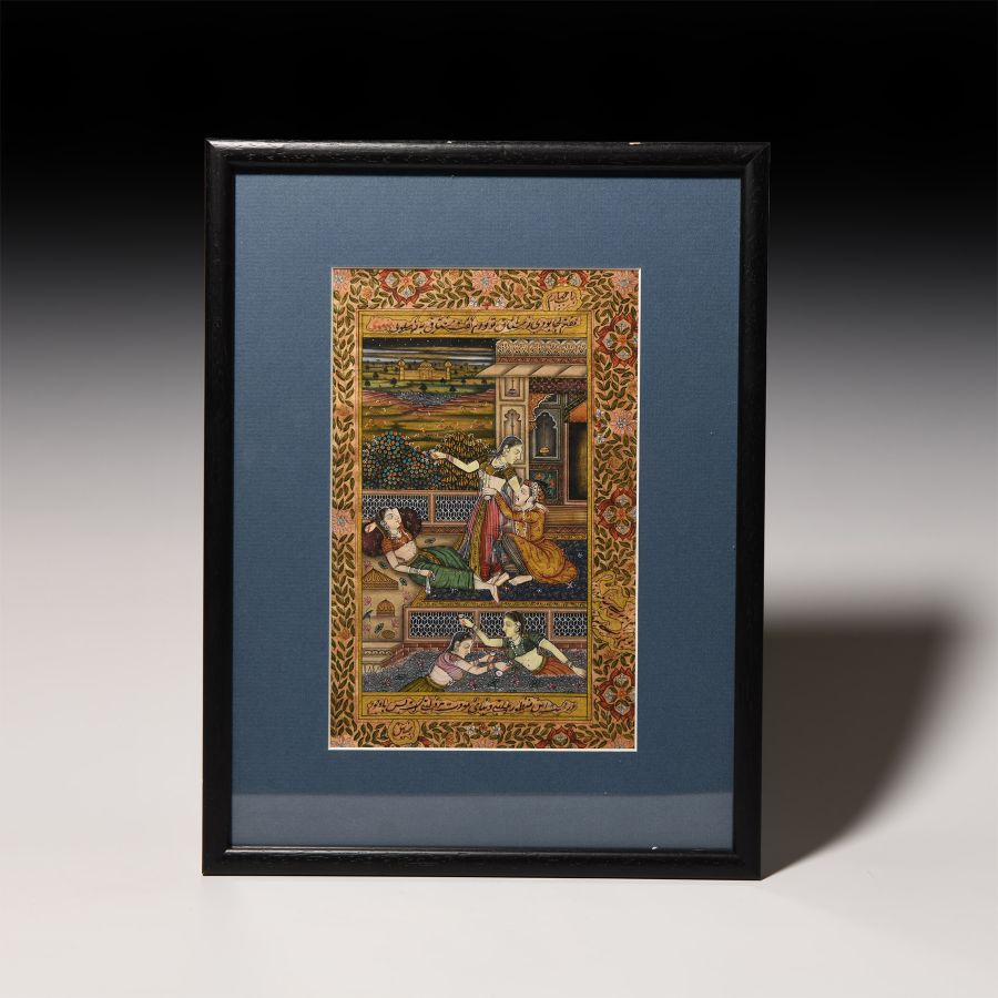 Framed Indian Watercolour Painting with Courtly Scene