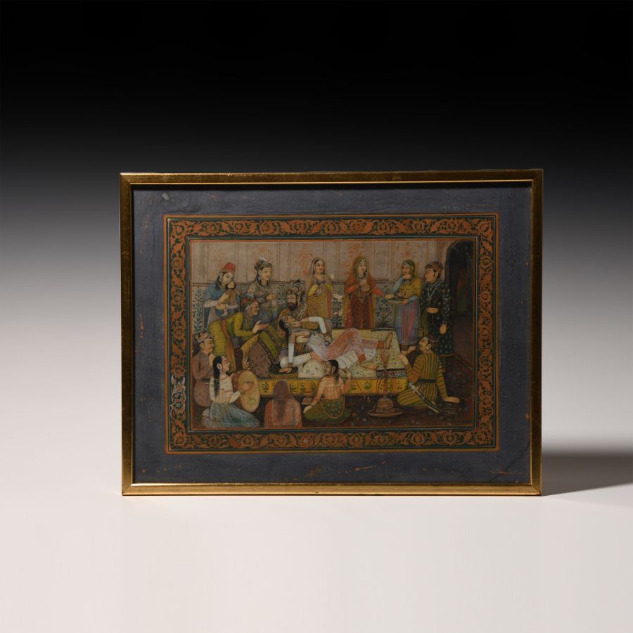 Framed Indian Watercolour Painting with Harem Scene