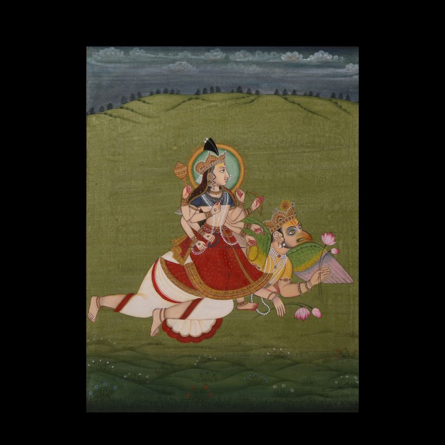 Indian Kangra School Watercolour Painting Depicting Goddess Lakshmi Seated on Garuda