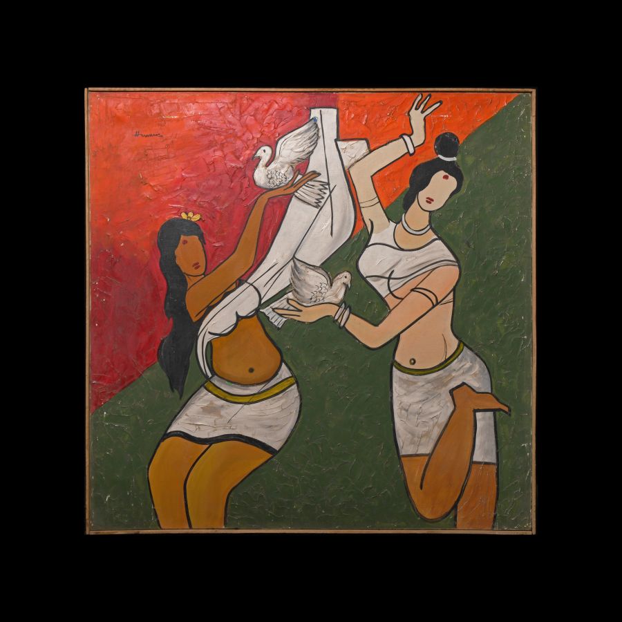 Indian M.F. Husain Painting with Dancers Holding Doves