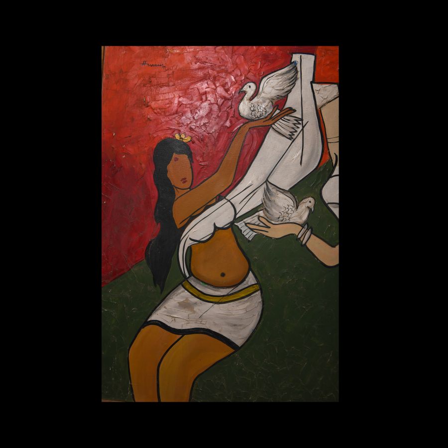 Indian M.F. Husain Painting with Dancers Holding Doves