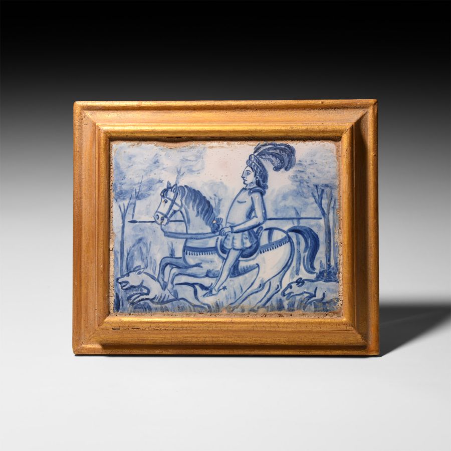 Spanish Blue and White Tile with Hunting Scene