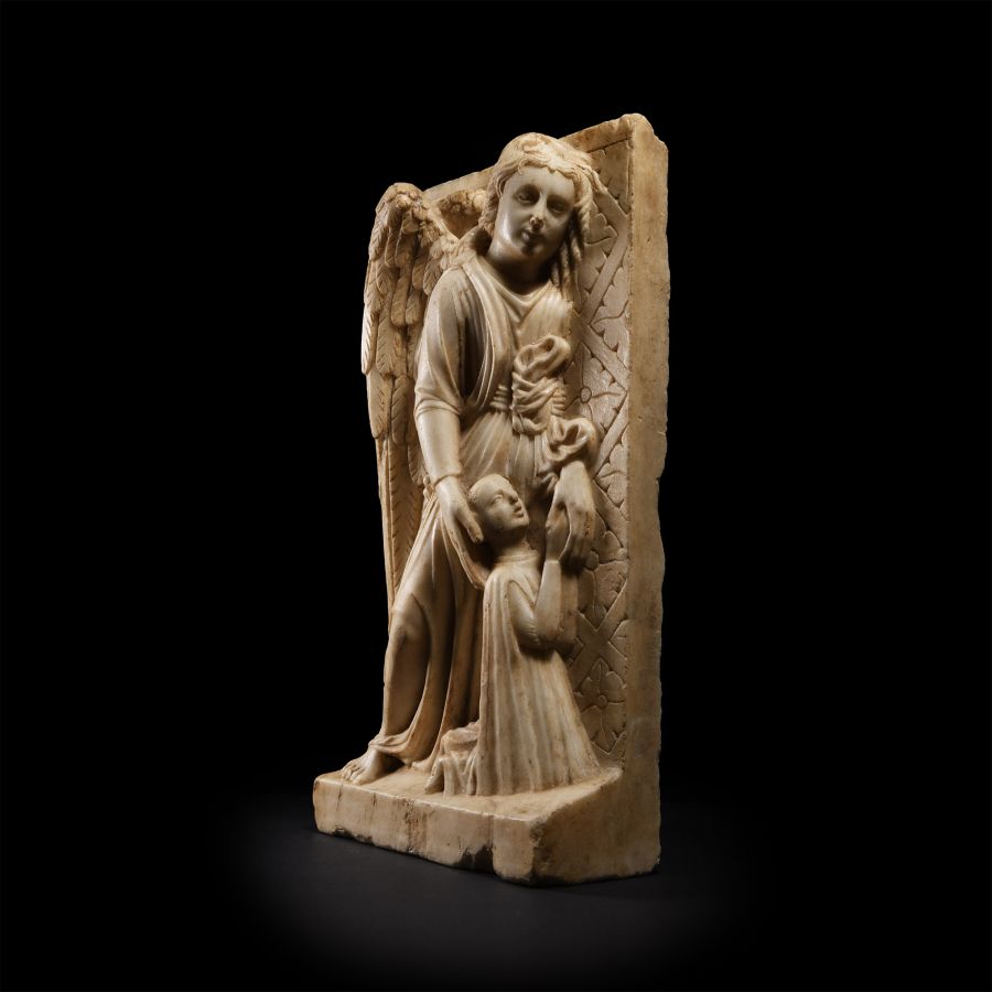 Medieval Marble Relief of an Angel and a Donor