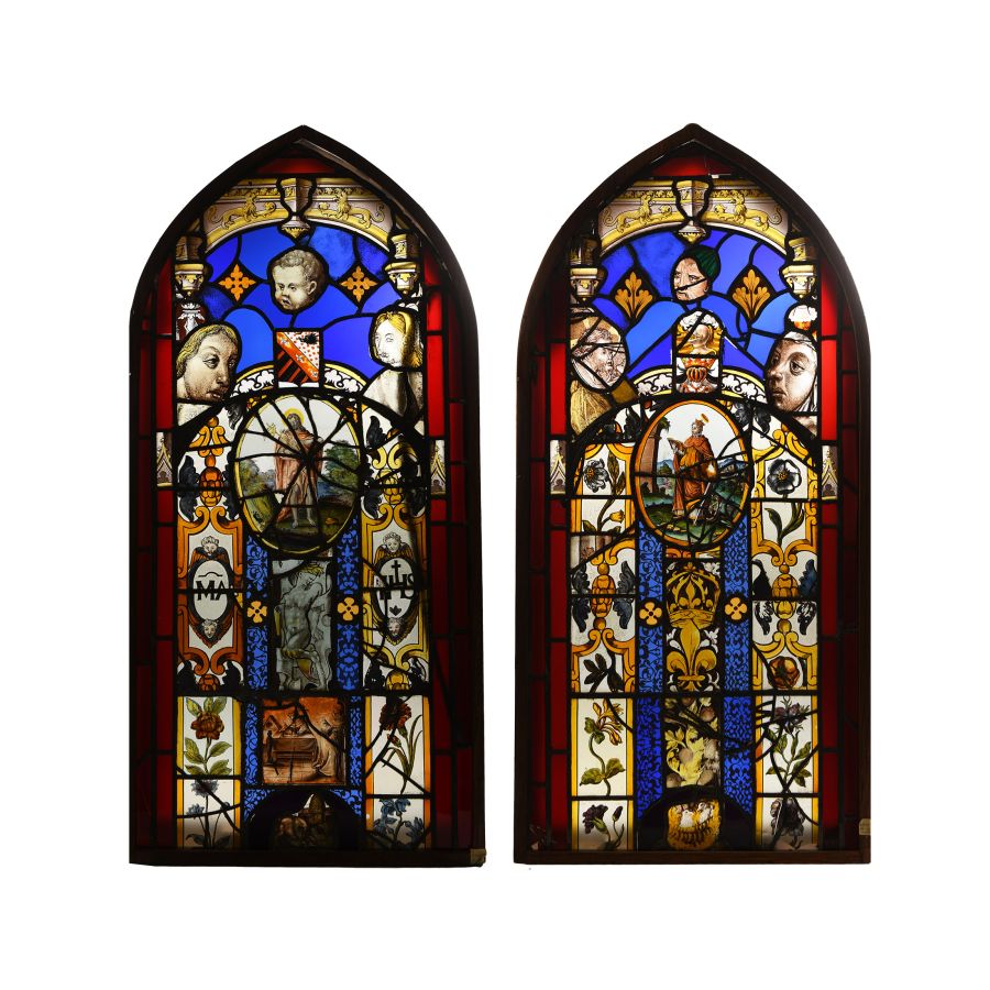 Large French Medieval and Later Stained Glass Window Pair