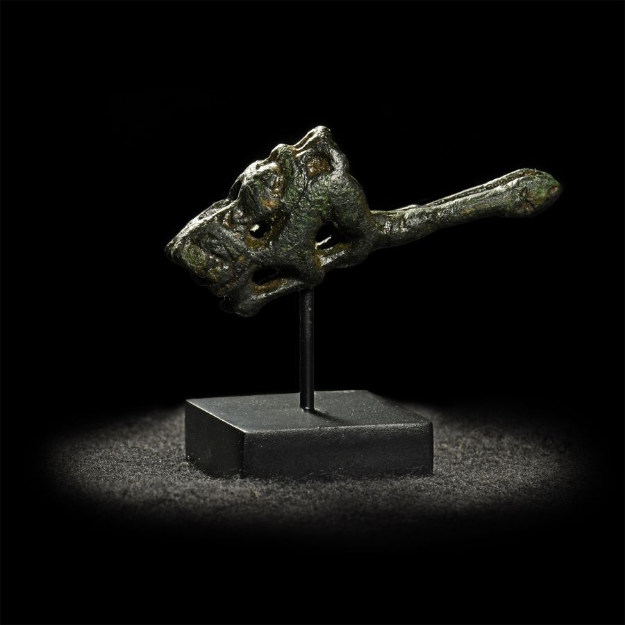 Anglo-Norman Bronze Scabbard Terminal with Advancing Beast