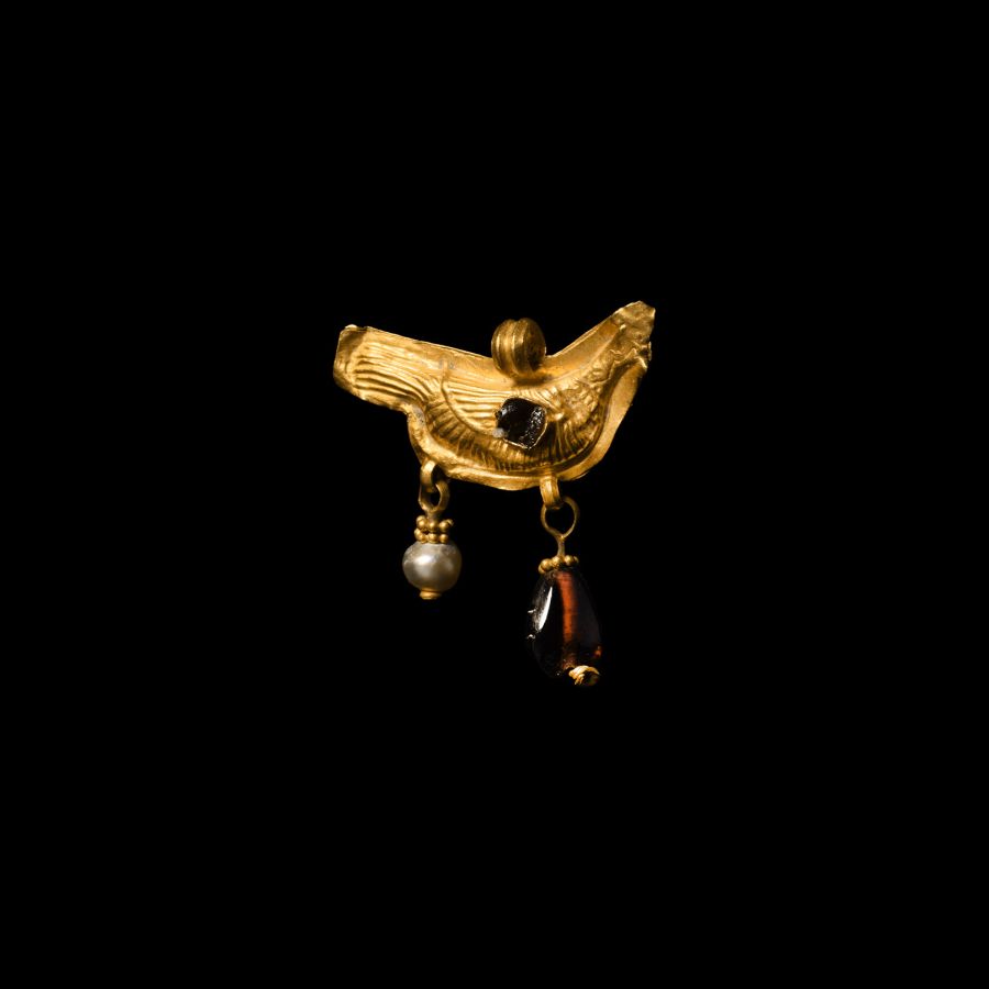Greek Gold Bird Pendant with Garnet and Pearl Drop
