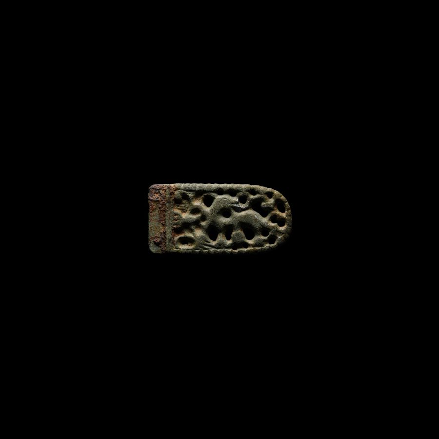 Viking Bronze Strap End with Beast Facing Back