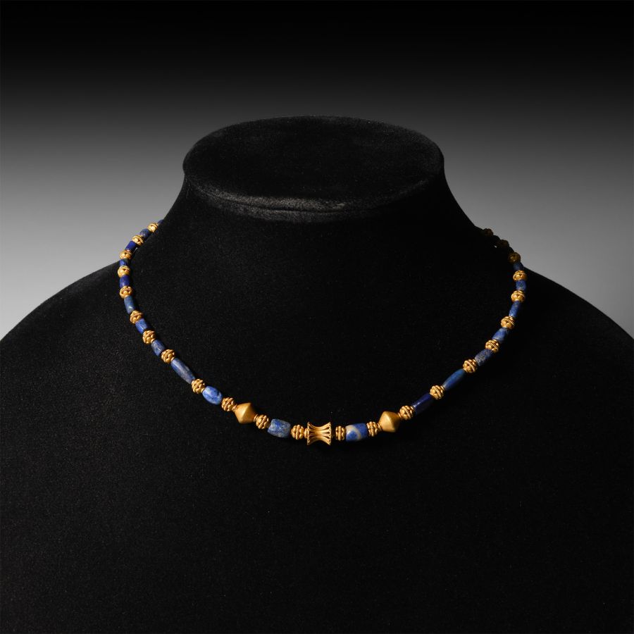 Eastern Greek Style Lapis Lazuli and Gold Bead Necklace