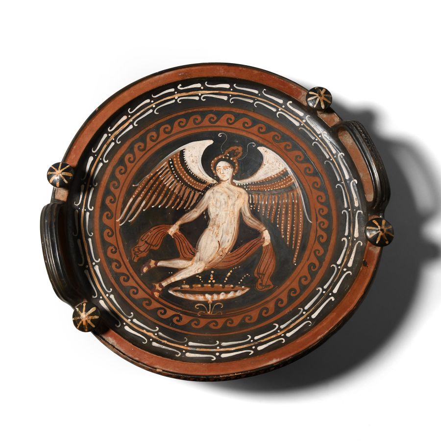 Large Greek Apulian Red-Figured Knob-Handled Patera with Eros