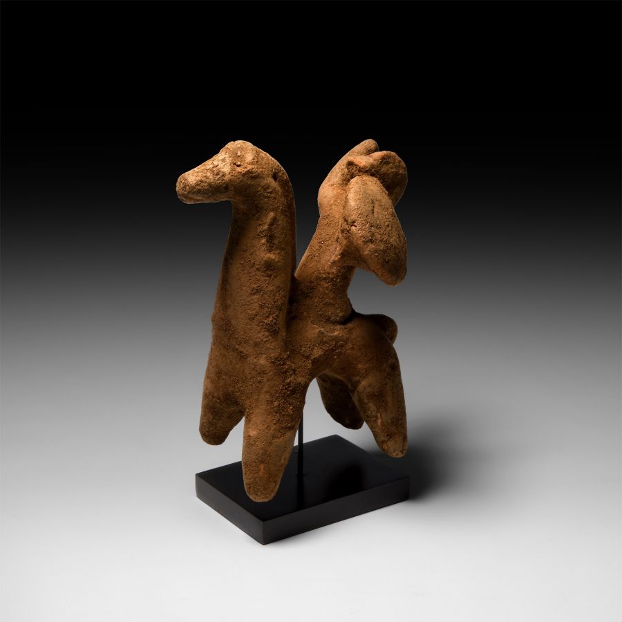 Archaic Greek Terracotta Figure of Mounted Warrior with Shield