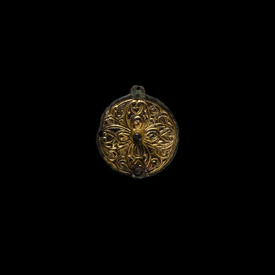 Anglo-Saxon Gilt Chip-Carved Pin Head with Floral Cross
