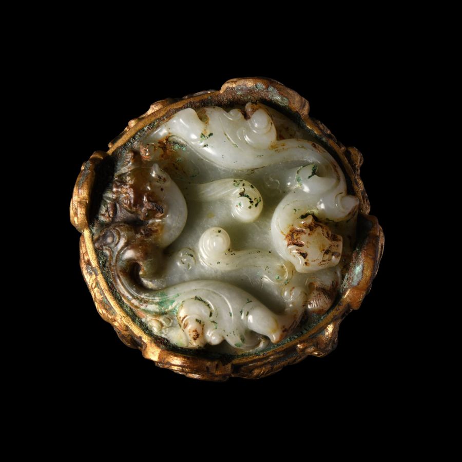 Chinese Han Gilded Bronze Sword Pommel with Jade
