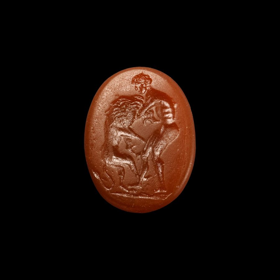 Glass Intaglio with Hercules and Nemean Lion