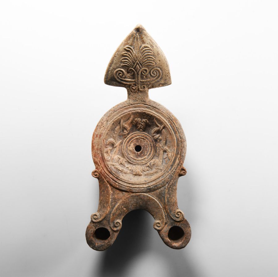 Roman Terracotta Double Oil Lamp with Reflector