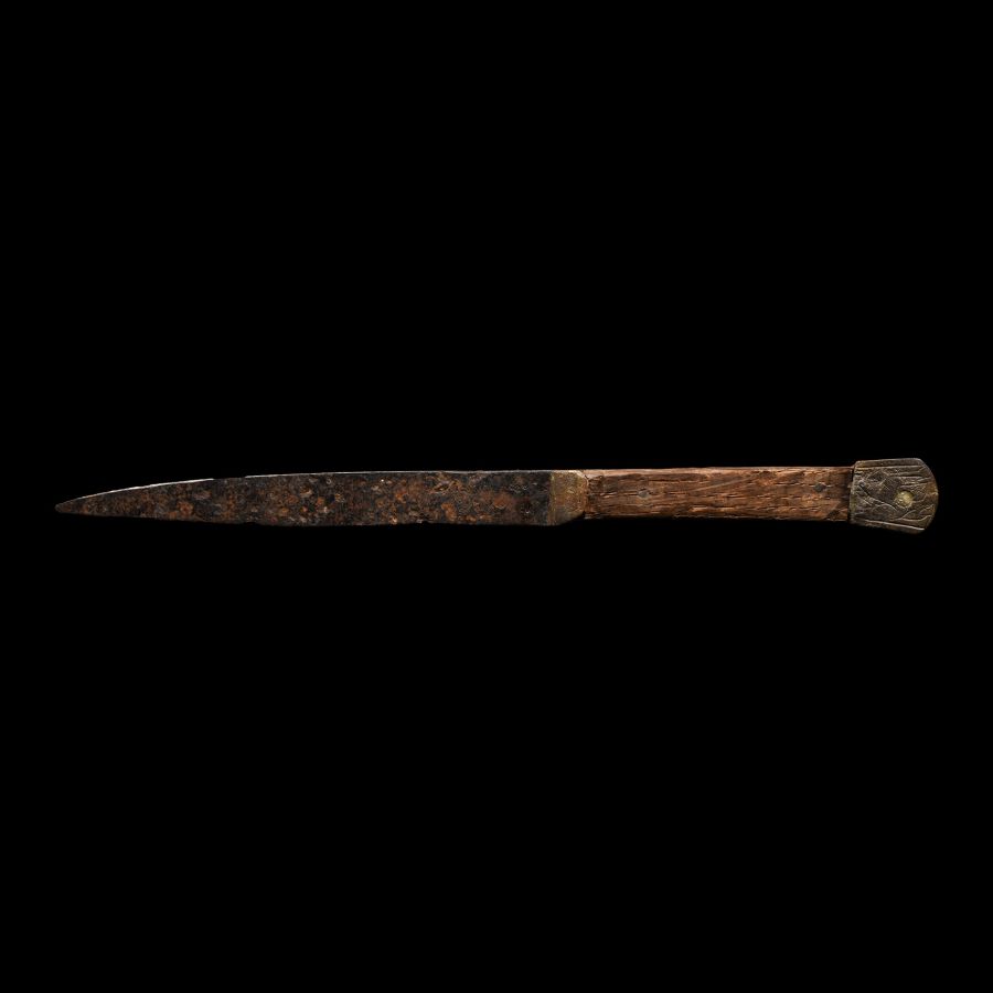 Medieval Knife with Bronze Pommel and Veiled Figure