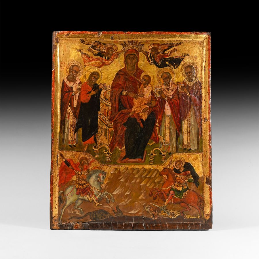 Greek Icon with Virgin and Saints George and Demetrius on Horseback