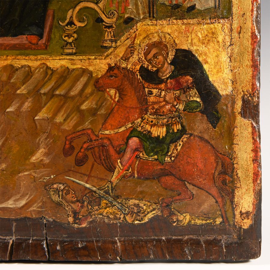 Greek Icon with Virgin and Saints George and Demetrius on Horseback