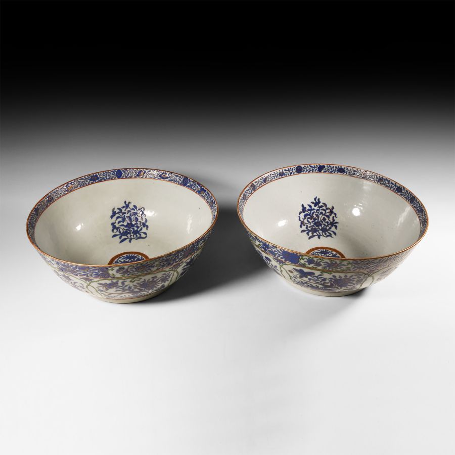 Large Chinese Decorated Porcelain Bowl Pair